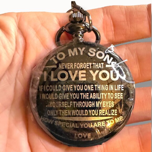 Pocket Watch w/ Chain "To My Son Never Forget That I Love You" Quartz Movement - Picture 1 of 9